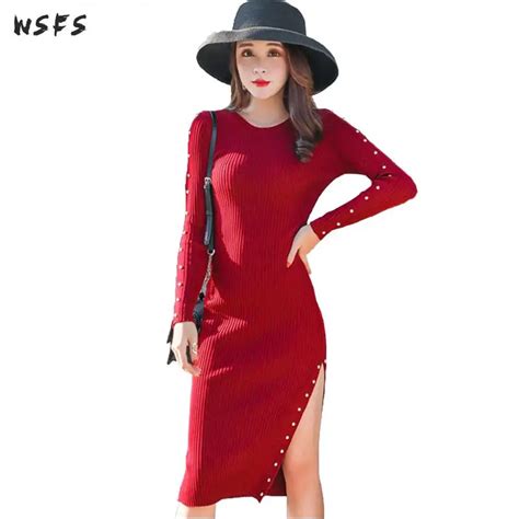 Autumn Knitted Sweater Dress Black Red Oneck Long Sleeve Womens Dress