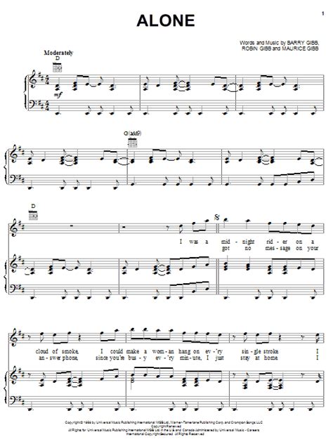 'leaving' that's all you ever seem to say and i'm tired the wants you have me for have expired sleeping and reading ev'ry book i can find to get my mind off in all i was a soul you were using. Alone sheet music by Bee Gees (Piano, Vocal & Guitar ...