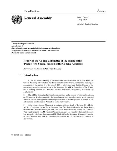 Report Of The Ad Hoc Committee Of The Whole Of The Twenty First Special