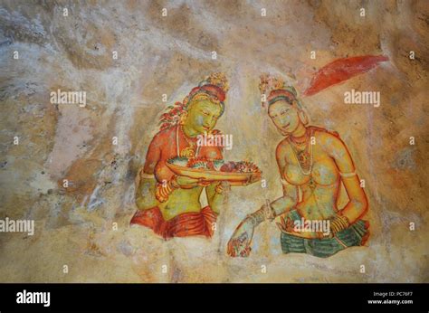 Sigiriya Frescoes Paintings Sigiriya Rock Fortress Sri Lanka Stock