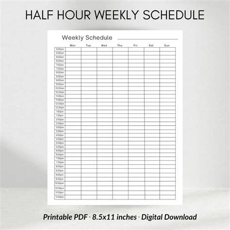 Half Hour Weekly Schedule Template Time Schedule Sheet Simple Weekly