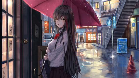 1600x900 Anime Girl Rain Umbrella Looking At Viewer 1600x900 Resolution