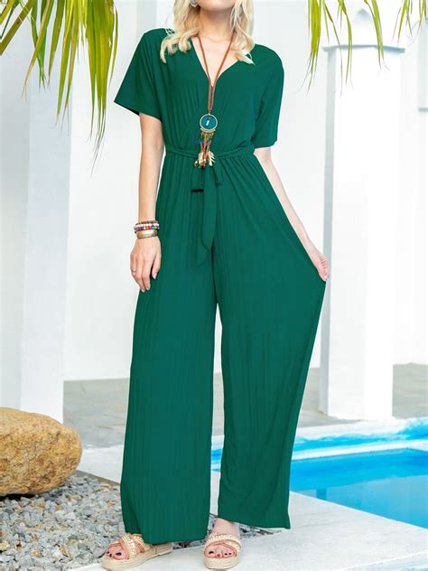 Stylewe Solid Jumpsuits V Neck Sexy Dark Green Short Sleeve Jumpsuits