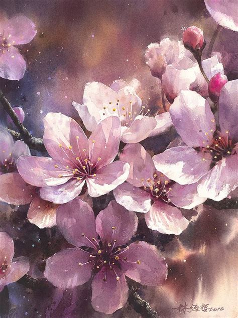 An Oil Painting Of Pink Flowers On A Branch