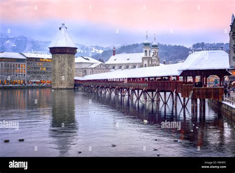 Lucerne Switzerland Chapel Bridge Water Tower And Jesuit Church On A