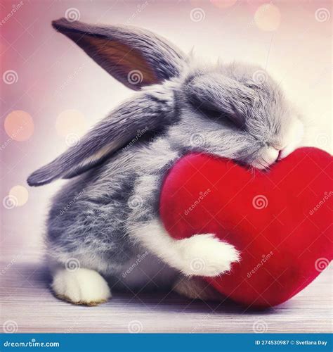 Cute Fluffy Rabbit Holding A Red Heart Valentine S Day Greetings