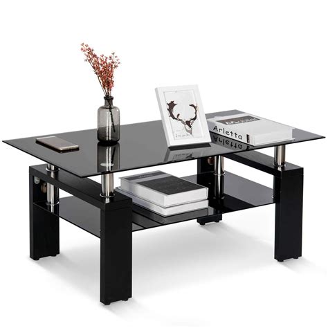 Buy Yinkuu Black Rectangle Glass Coffee Table High Gloss Storage Side