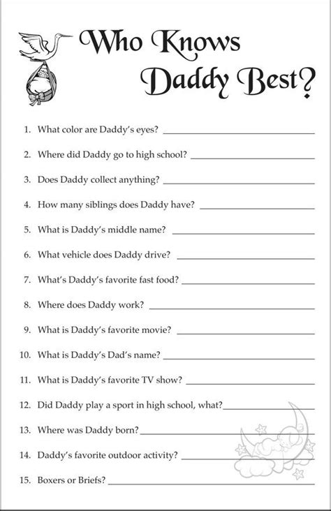 Printable pdf files for this 20 questions about the parents baby shower this game comes with two different background options: Baby Shower Game - Who Knows Mommy or Daddy Best - 16 game ...