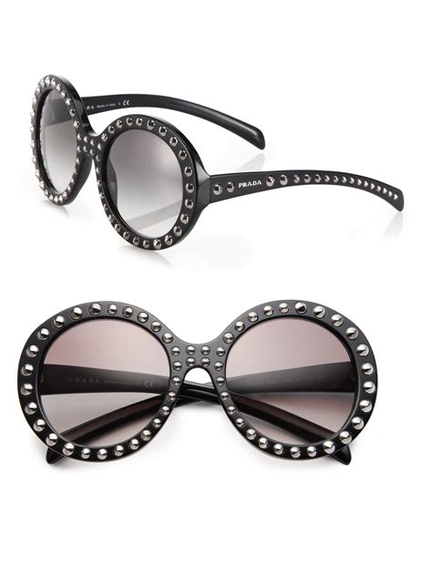 Lyst Prada 56mm Studded Round Frame Sunglasses In Black