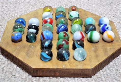 Vintage Wooden Solitaire Game Board And 33 Old Glass Marbles Wooden