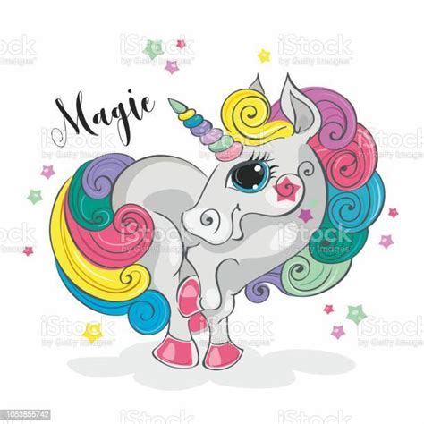 Magic Unicorn Fairy Pony Rainbow Mane Cartoonstyle Vector Stock