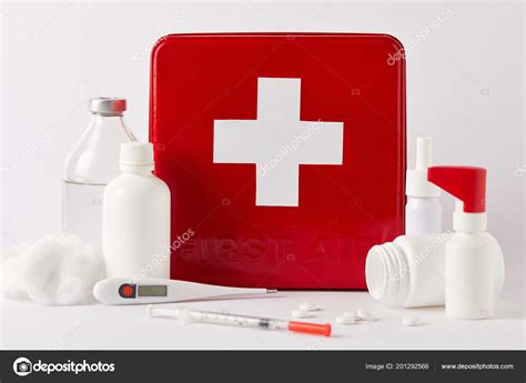 Close Shot Red First Aid Kit Box Different Medical Bottles Stock Photo