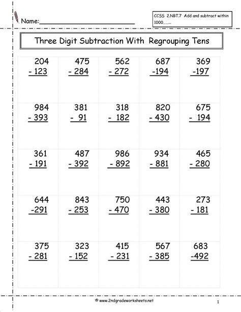 Subtraction Of Whole Numbers With Regrouping Worksheets For Grade 3