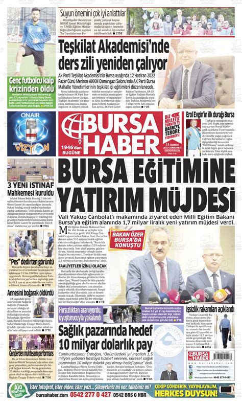 11 Haziran 2022 tarihli Bursa Haber Gazete Manşetleri