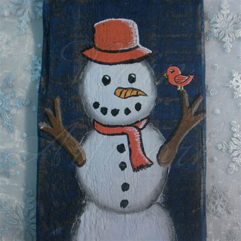Primitive Folk Art Snowman With Orange Bird Original Winter Painting