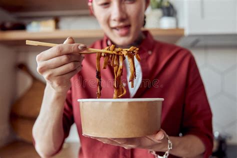 Happy Asian Man Going To Eat Noodles With Chopsticks Stock Image Image Of Delivery Home