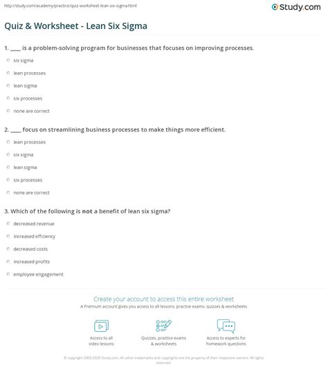 Quiz And Worksheet Lean Six Sigma