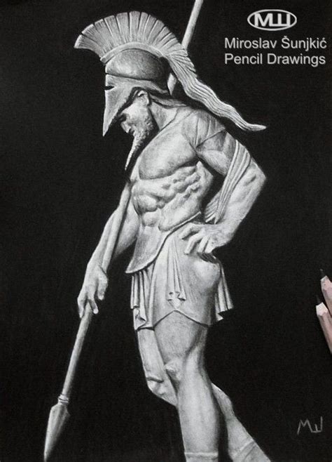 Spartan Warrior Statue Charcoal Pencil Drawing By Miroslav Sunjkic