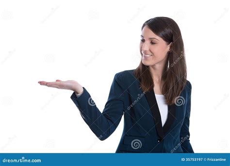 Smiling Business Woman Presenting Isolated Over White Background Stock