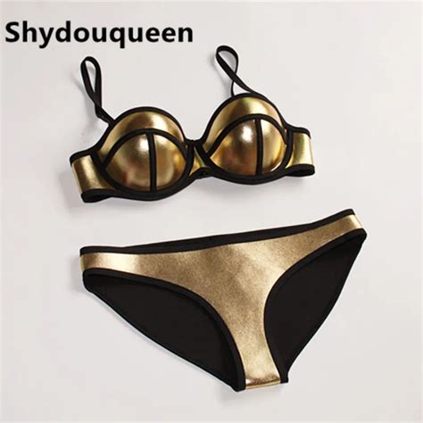 2017 New Push Up Neoprene Bikini Set Women Gold Silver Sexy Swimsuit Padded Swimwear Bathing