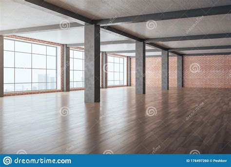 Minimalistic Brick Interior With Columns And Wooden Floor Stock