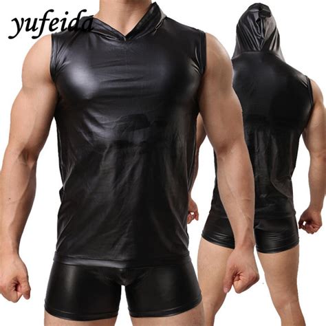 Yufeida Men Top Faux Leather Mens Black Hooded Vest Sleeveless Mens