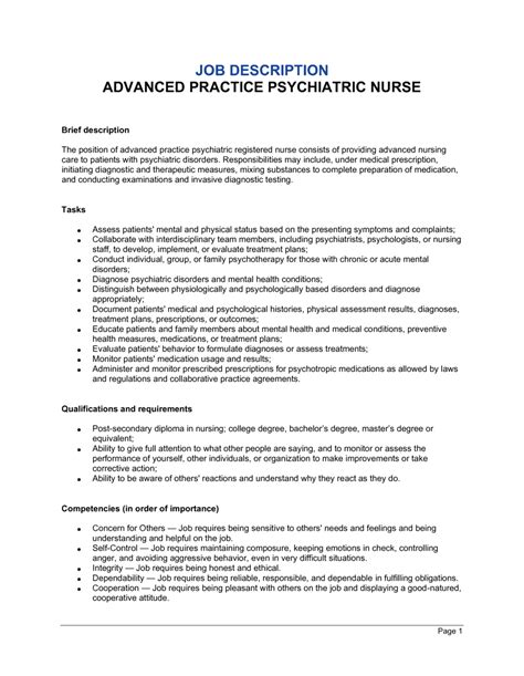 Advanced Practice Psychiatric Registered Nurse Job Description Template
