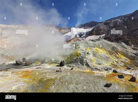 Volcanic Landscape Of Kamchatka Brimstone And Fumarole Field In Crater