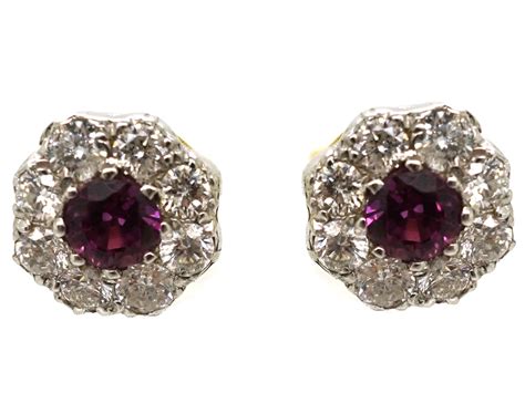 18ct White Gold Ruby Diamond Cluster Earrings 729K The Antique