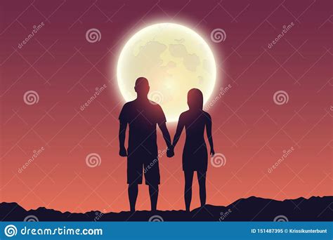 Young Couple Looks To The Full Moon Silhouette Stock