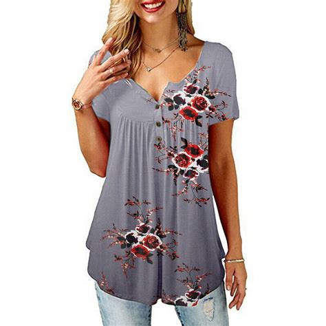 ziyixin women summer casual floral v neck short sleeve t shirts ladies tops tee loose baggy