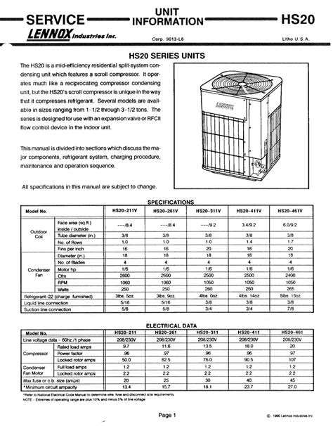Lennox Air Conditioner Service Manual Model Hs20 211