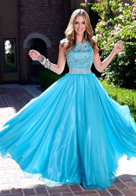 Popular Blue Modest Prom Dresses With Scoop Neck Crystal Beads 2016 New