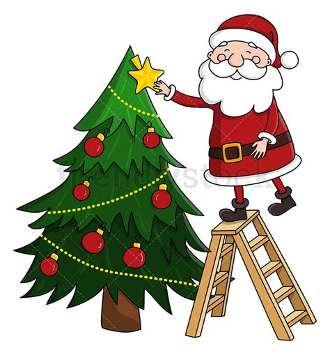 Santa Claus Decorating Christmas Tree Cartoon Clipart Vector