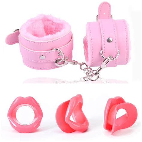 2in1 Adult Games Leather Sex Handcuffs And Sexy Pink Lips Rubber Mouth
