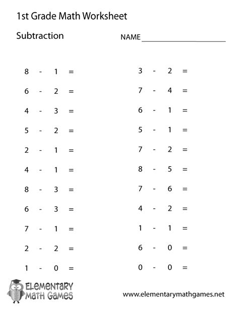 Math Subtraction Worksheet 1st Grade