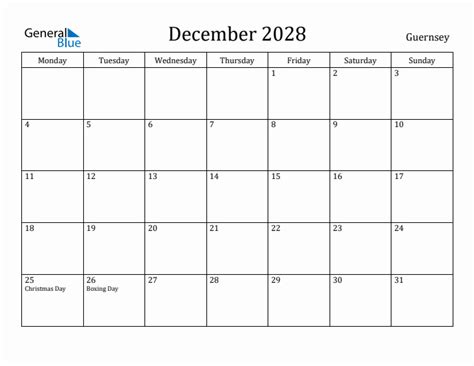December 2028 Guernsey Monthly Calendar With Holidays
