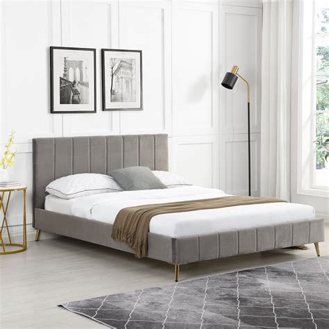 Sylvie Velvet Upholstered Bed Frame With Golden Chrome Legs Grey