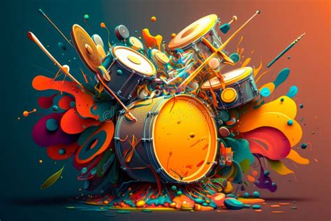 Colorful Drum Set With Paint Splattered On It Generative Ai Stock