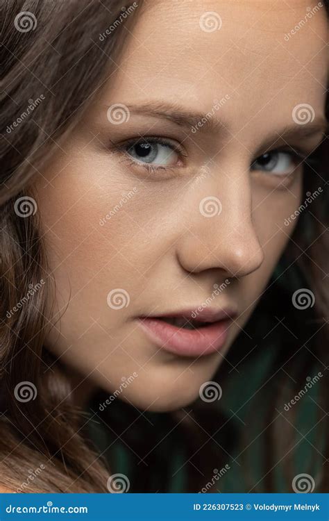 Close Up Young Beautiful Adorable Girl S Face Isolated Over Dark Green