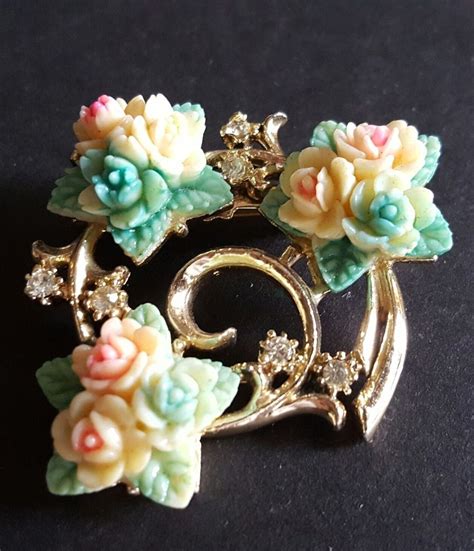 Signed Coro Vintage Brooch Pin Molded Flower Lucite Enamel Leaf Rhinestone H307 Coro Jewelry