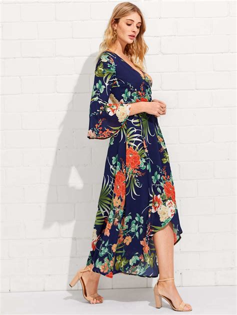 Botanical Print Flounce Sleeve Wrap Dress Shein Sheinside