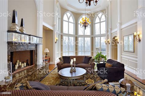 Luxury Mansion Living Room With Cathedral Ceiling Stock Photo