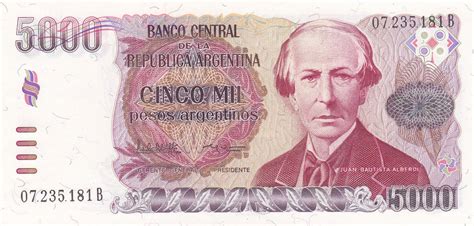 Argentina 5000 Pesos Argentinos Banknote 1985 Juan Bautista Alberdi