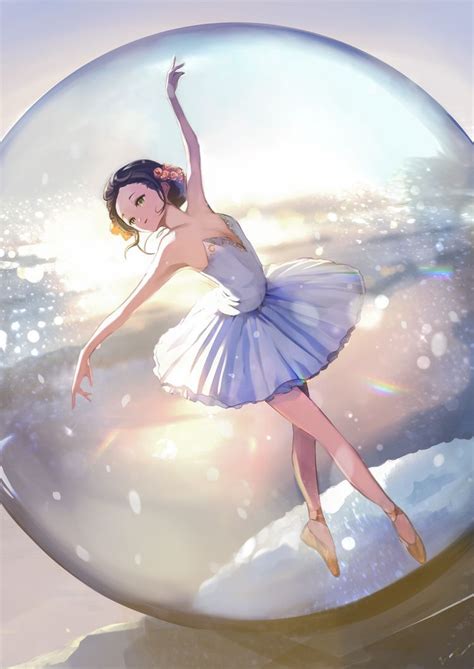 Original Ballerina Anime Art Anime Girl Snow Globe Tutu En Pointe Ballet Dress