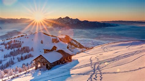 Wallpaper Sunlight Mountains Sunset Snow Winter