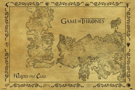 Game Of Thrones Antique Map Westeros Essos Hbo Medieval Fantasy Tv