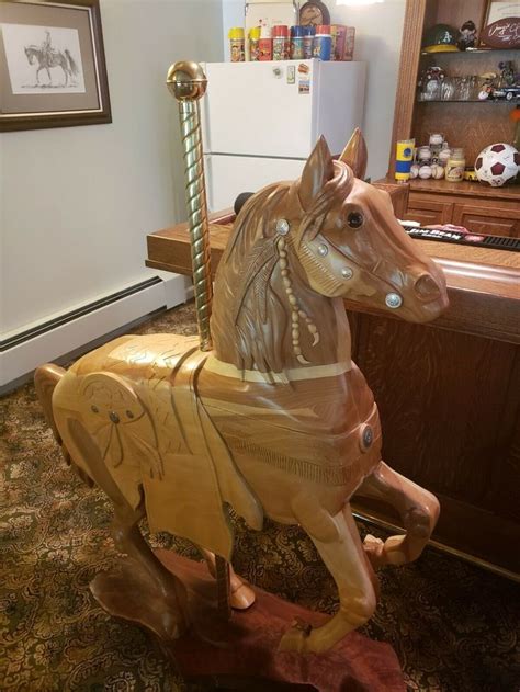 Full Size Natural Wood Carousel Horse Carved By Top Awarded Carver Ed
