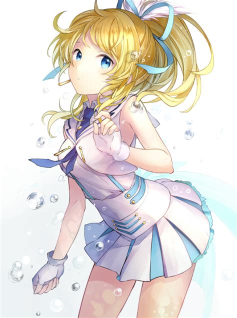 safebooru 1girl ayase eli blonde hair blue eyes droplet fingerless gloves gloves hair ribbon