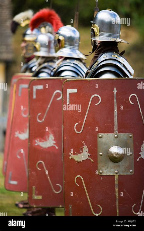 Roman Soldiers With Shields And Weaponry At A Roman Army Reenactment
